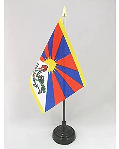 AZ FLAG Tischflagge Tibet 15x10 cm Polyester 100D Kunststoffsockel | Für innen Tibetische Tischflagge genähte Ausführung mit verstärkten Kanten mit Kunststoffstab und goldene Spitze