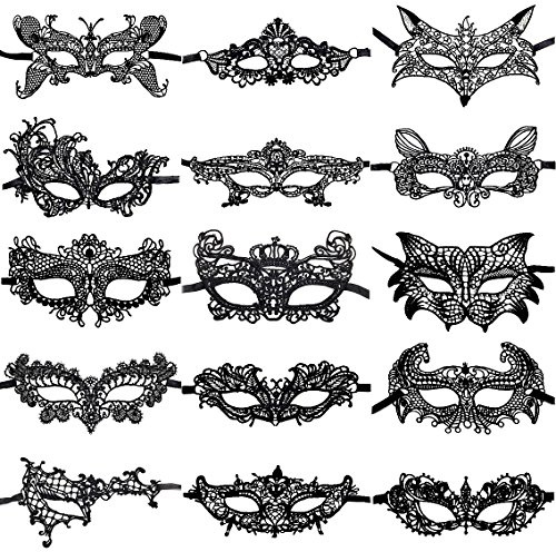 CNYMANY 15 Packs Damen Sexy Flexible Lace Masks Augenmaske für Ball Party Venezianische Maskerade Kostüm - Schwarz