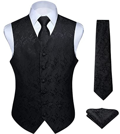 HISDERN Klassisk, blommig, paisleymönstrad jacquard-väst och slips för män, kostymväst med slip och fyrkantig ficka, XXL