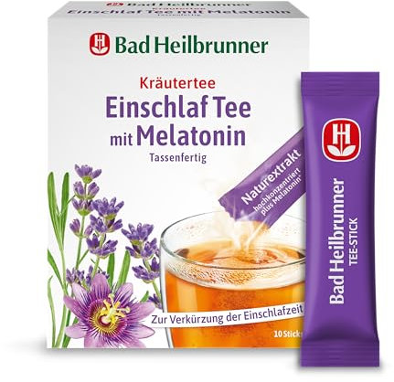 Bad Heilbrunner Einschlaf Tee mit Melatonin - im Stick, Tassenfertig - mit Melatonin, Lavendelblüten & Passionsblume - Endlich gut einschlafen - Ideal bei Reisen - gute Nacht Tee (8 x 10 Sticks)