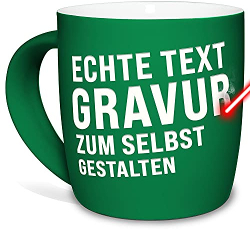 Tasse mit Gravur selbst gestalten - mit eigenem Spruch oder Wunschname gravieren - Keramiktasse außen gummiert - Grün, 300 ml