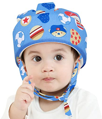 Xeano Baby Sicherheitshelm Säugling Schutzmütze Kleinkind Kopfschutz Kappe Walking Harness Baumwolle Verstellbar Weicher Helm zum Klettern und Gehen (Fußball Blau)