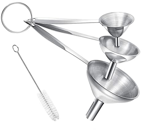 Small Funnels for Filling Bottles, 3 Pcs Stainless Steel Kitchen Funnel Set, Food Grade Mini Metal Funnel for Transferring Oil Liquid, Easy Cleaning with a Brush (Long Handle)
