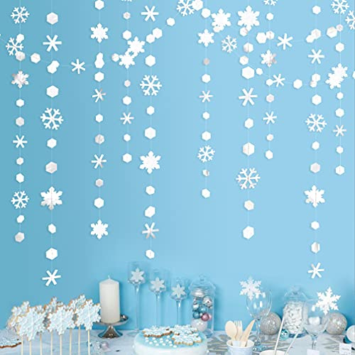 52 Ft Winter Wonderland Party Decorations White Snowflakes Garland Metallic Glitter Paper Snowflakes Streamer for Winter Onederland Christmas Frozen Birthday Wedding Baby Bridal Shower Party Supplies