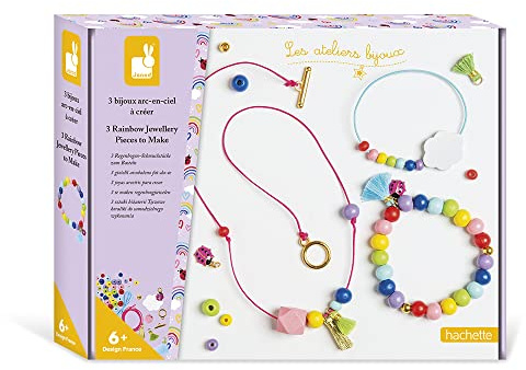 Janod, Coffret 3 Bijoux Arc-En-Ciel à Créer, 2 Bracelets et 1 Collier, Les Ateliers Bijoux, Kit Loisir Créatif Enfant, Dextérité et Concentration, Peinture à l'eau, Dès 6 Ans, J07936, Multicolore