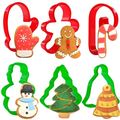 Crethinkaty Christmas Cookie Cutter-6 Pcs Plastic Cookie Cutter Set,Gingerbread Man,Christmas tree,Snowman,Candy Cane,Gloves,Bell Shaped Biscuit Cutters for Christmas Cookie Molds.