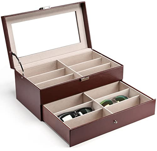 ProCase 2 Schichten Brillenbox 12 Sonnenbrillen-Organizer Displaybox Aufbewahrungsbox Brillenhalter aus Leder Brillen Schatulle Brillenkoffer mit Glasdeckel - Braun