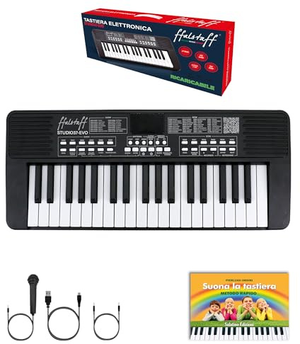 ffalstaff STUDIO-37-EVO Tastiera Elettronica Ricaricabile 37 Tasti per uso Scolastico Italian Design - Microfono, USB Tipo C, Cavo Jack-Jack e E-book Suona la Tastiera inclusi (Nero)