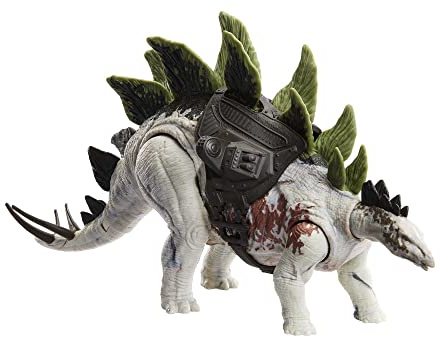 Mattel Jurassic World Dominion-dinosauriefigur, Gigantic Trackers Stegosaurus med attackrörelse och spårare, leksakspresent för fysisk och digital lek HLP24