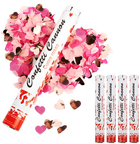 Spara Coriandoli Rosa RosyFate - 4 Cannoni Sparacoriandoli Cuore 40cm, Tubi di Carta, Popper, Bombe - per Matrimoni, Feste di Compleanno, Laurea