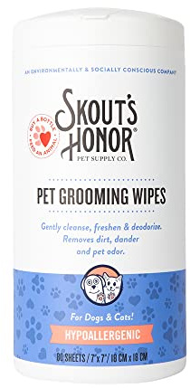 SKOUT'S HONOR Pet Grooming Wipes for Dogs and Cats - Deodorizing, Plant-Based, Biodegradable, Fragrance-Free - for Paws, Faces, Skin Folds & Bums, 80 Count