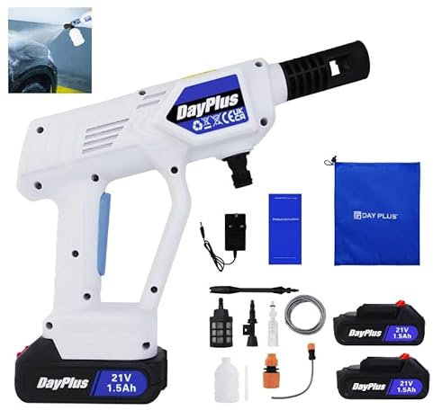 Cordless Pressure Cleaner Portable Pressure Washer Lightweight Cordless Jet Wash Car Washer with 1.5Ah Battery Foam Generator Nozzle Water Pump 5M Hose (21V(2x1.5Ah Battery))