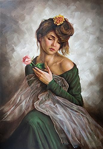 Acryl-Bild 60 x 90 cm: Öl auf Leinwand einer jungen Frau mit einer Blume im Haar und grünem Kleid (36202753)