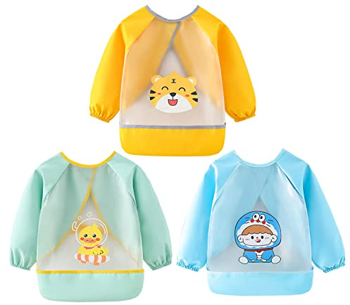Chilsuessy Ärmel-Lätzchen 3 Pack Baby Kleinkind Lätzchen Wasserdicht Nässeschutz Baby Lätzchen mit Ärmeln Langarm Lätzchen Schürze Bibs zum Essen Malen Spielen, A/Set, 3-4 Jahre