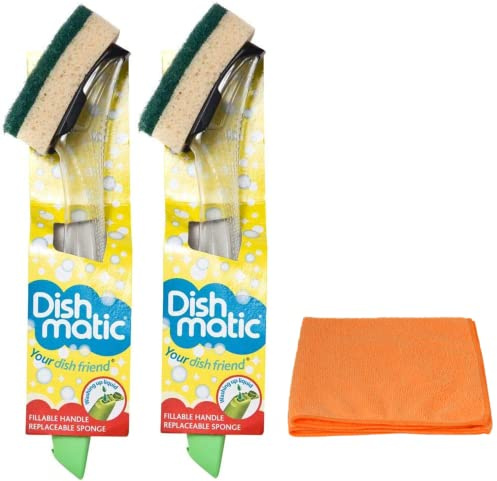 2X Fillable Washing up Brush and Sponge Bundle- Easy Grip Dish Cleaner - with Ultra Absorbent Microfibre Cleaning Cloth
