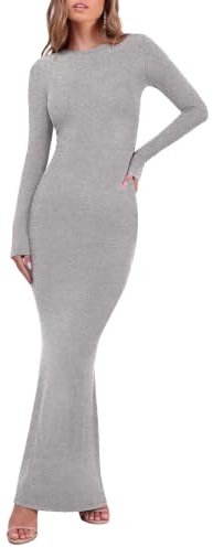 REORIA Women's Sexy Crew Neck Lounge Long Dress Elegant Long Sleeve Ribbed Bodycon Maxi Dresses