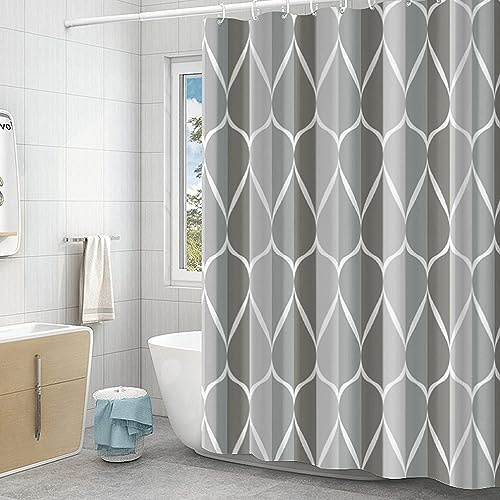 GERUIKE Weighted Shower Curtain 180 x 180 cm, Waterproof Anti-Mould Textile 130GSM Polyester Fabric, Machine Washable with 12 Rings & Grey with Multi-Coloured Wave Pattern