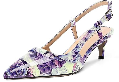 AMBELIGHT Donna Slingback 2 inch Vestito Datazione Gattini Fermaglio Fibbia Tacco Basso Punta Chiusa Scarpe col Tacco Fiore Viola Dimensione 40.5
