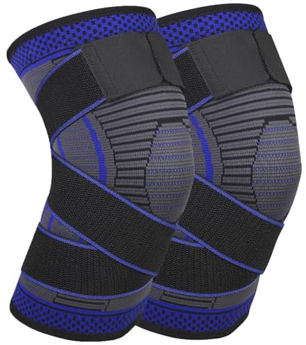 Rodilleras Deportivas para mujer y hombre 2 Pieza Rodilleras menisco y ligamento Elasticidad ajustable Rodillera de Compresión para correr, artrosis, tendinitis(azul, L)