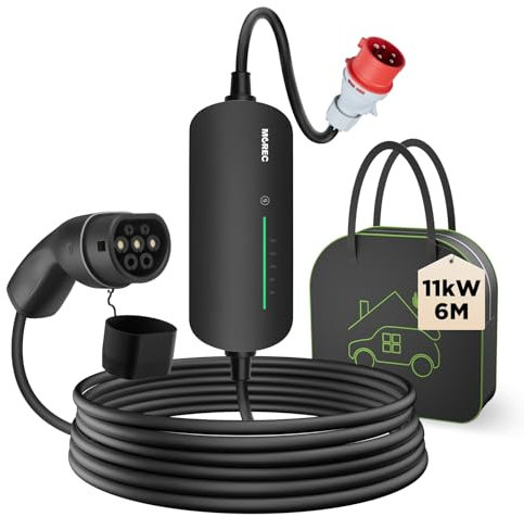 Morec Ladekabel Typ 2 6-16A 11KW 380V, EV-Ladegerät und Mobile Ladestation mit dreiphasigem CEE-Stecker, 6M Portable EVSE Mobile Wallbox für Elektrofahrzeuge mit Tragetasche