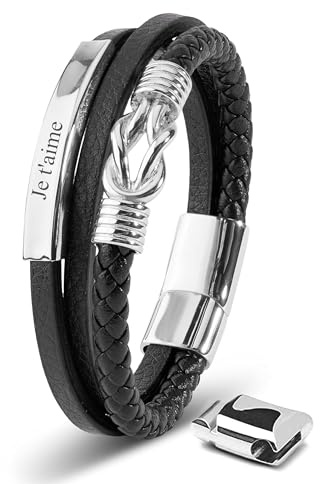 Cupimatch Bracelet Homme Personnalisé Bracelet Cuir Homme avec Fermeture Magnétique Cadeau Homme Ajustable avec Maillons Supplémentaires - Cadeau Fête des Pères Saint Valentin Noël