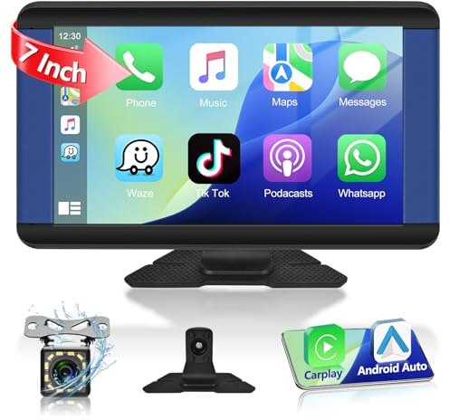 Podofo Trådlös Carplay och Android bilradio bärbar 7 tum HD pekskärm bilradio med Bluetooth, FM-överföring, flygplay, spegellänk och backkamera