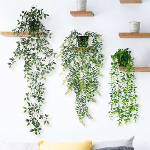 N&T NIETING Artificial Hanging Plants, 3 Pack Fake Hanging Plants with Pots, Greenery Fake Ivy Vine Faux Trailing Plant for Home Decoration Balcony Office Wall Table Shelf