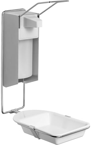 ARNOMED 1 Distributore di disinfettante con vaschetta di raccolta, dispenser in alluminio da 500 ml, dispenser di sapone per montaggio a parete con leva lunga, dispenser Euro per disinfettante