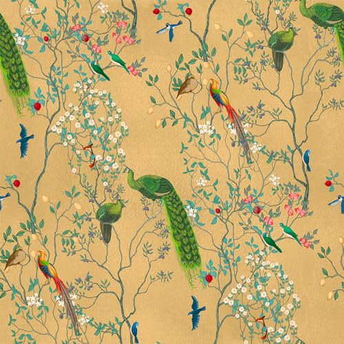 VEELIKE Yellow Chinoiserie Birds Floral Wallpaper Tropical Leaf Contact Paper Vintage Peacock Hummingbird Patterned Wallpaper Botanical Wall Mural Lining Paper for Drawers Bedroom Hallway 44.5cm×300cm