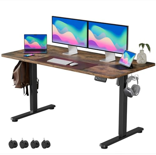VOSATRON Elektrisch Höhenverstellbarer Schreibtisch 140x60cm Schreibtisch Höhenverstellbar mit Memory-Steuerung und Anti-Kollision Technologie, Rollen, Spleißbrett, Schwarz Rahmen/braun Tischplatte