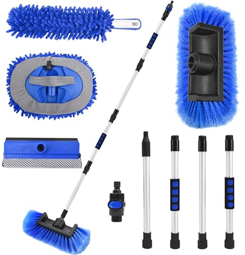 Lezcufer 165,1 cm Autowaschbürste mit langem Griff, Autowaschmopp, fließende weiche Borsten, Autowaschbürste mit ausziehbarem Griff und Schlauchaufsatz für Auto, SUV, LKW, Wohnmobil, Boot