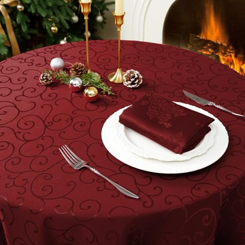 Romanstile Rund bordsduk jul nyår röd 200 cm fläckbeständig elegant rektangulär vattenavvisande jacquarddukar för julfest födelsedag hotell, restaurang, bar, kaffe, bryster