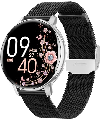 HASAKEI Smartwatch Damen, 1,39 HD Touchscreen Damenuhr Rund mit Telefonfunktion, Menstruationszyklus, 24H Herzfrequenz/SpO2/Schlafmonitor Wasserdicht IP68 Schrittzähler für Android iOS Silber Schwarz