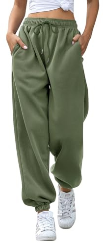 EBANKU Dam Cinch Bottom Sweatpants med fickor, enkel träningsoverall säckig elastisk midja byxor för vardaglig hiphop, gym och jogging, gRÖN, L