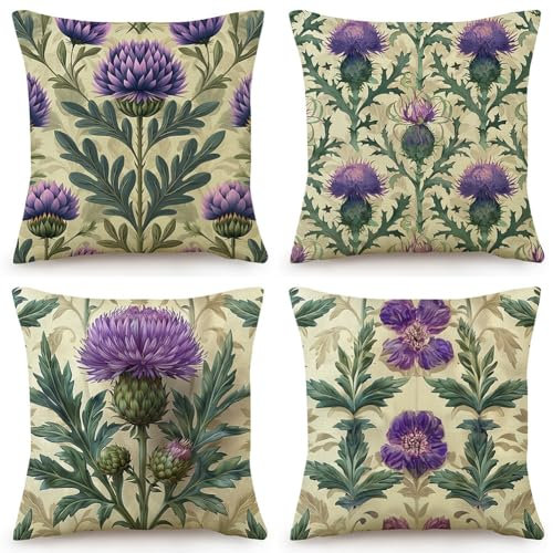 BCKAKQA Decorative Throw Pillow Cases 4 Pack Purple Floral Cushion Covers 45cm x 45cm Linen Square Boho Throw Pillow Covers 18x18 inches Decor for Living Room Bedroom Sofa Couch Bed