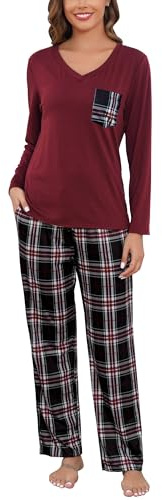 Lovasy Pigiama Donna Invernali Caldo a Maniche Lunghe Set Pigiami 2 Pezzi Top Scollo a V Casual Pantaloni Lunghi con Tasche, Bordeaux,L