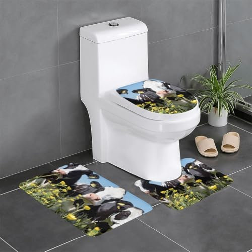 FLYIFE Badematten-Set, 3-teilig, Flanell, rutschfest, wasserabsorbierend, mit U-förmigem WC-Vorleger und WC-Deckelbezug
