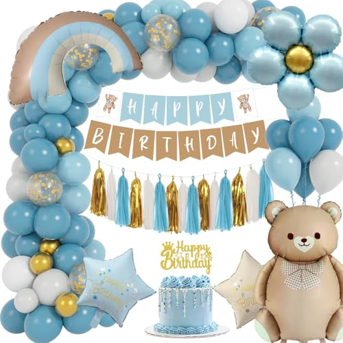 Geburtstag Deko Jungen, Boho Deko mit Blau Gold Luftballons, Bären Happy Birthday Banner, Folienballon, Geburtstag für Erster Jungen Babyparty