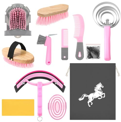 Abbylike 12 Pieces Horse Grooming Kit Racing Festival Tack Room Supplies Horse Brush Sets Equine Care Cleaning Kit Shedding Grooming Massaging Tools(Pink and Grey)