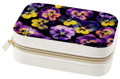 Reise-Schmuck-Organizer-Tasche, Schmuck-Aufbewahrungsbox für Ohrringe, Ringe, Halskette, lila Stiefmütterchen, florales Totenkopf-Muster