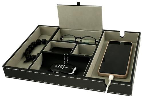 Taschenleerer PU-Leder mit 6 Fächer Nachttisch Organizer Schwarz Schlüssel Ablage für Bewahren Sie Geldbörse Schmuck Schlüssel Uhren Brillen Fernbedienungen