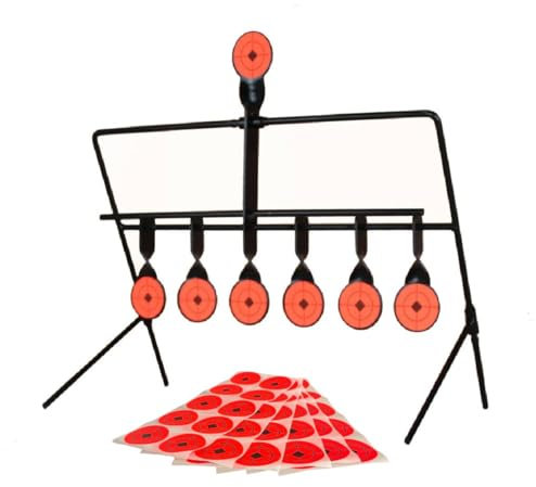 Supporto per tiro con 7 bianchi in acciaio – Compatibile con pistole e fucili ad aria compressa e CO2 (4,5 mm e 5,5 mm) – fino a 20 J – Autoreset – Pieghevole e trasportabile – Include 60 adesivi per