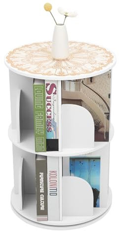 HUSPOO Drehbares Bücherregal 360 Grad, Multifunktionales Bücherregal Standregal, Lagerregal für Kinder und Erwachsene, Weiß Büroregal Lagerregal für Wohnzimmer Schlafzimmer Büro (2 Ebenen)