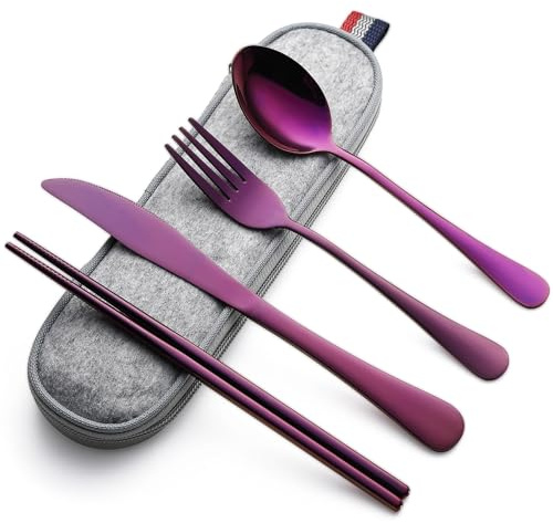 DEVICO Travel Cutlery Set, Stainless Steel Camping Cutlery Set for 1 | 5-Piece Picnic Cutlery with Case, Portable Chopsticks Knife Fork Spoon Set for Work/School/Lunch Box, Purple