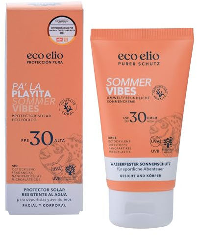 eco elio Pa’ La Playita Crema Solar SPF 30 Facial y Corporal, Resistente Agua, Natural, Sin Microplásticos, Cosmética Eco para Cara y Cuerpo, Ideal Playa, Deporte, Viajes, Tamaño Viaje Diario 75ml