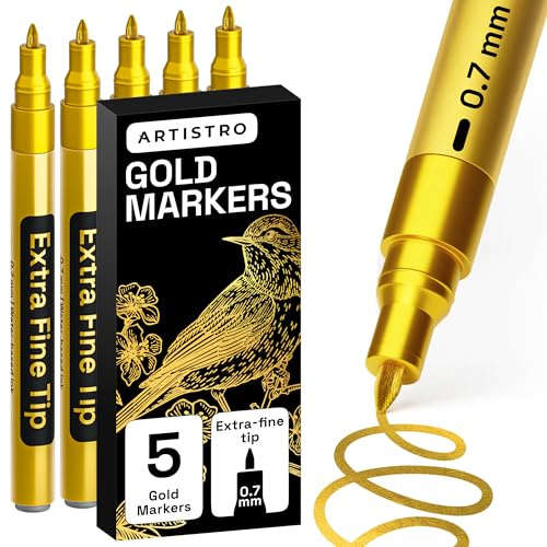 ARTISTRO 5 Gold Paint Pen for Rock, Glass, Ceramic, Wood, Tire, Fabric, Metal, Canvas, Marking, Painting - Set of 5 Acrylic Paint Markers Water-based