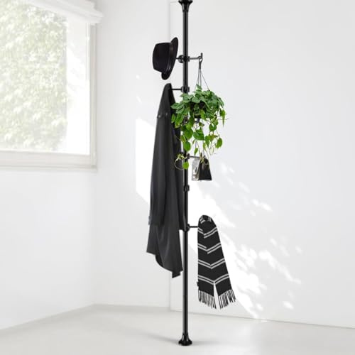 DAKEPOLE Perchero ajustable de 140 cm a 310 cm, negro con 12 ganchos para colgar abrigos, chaquetas, sombreros y bufandas, adecuado para salón, balcón, cocina