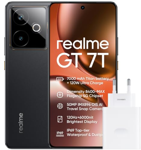 realme GT 7T 5G Teléfonos móviles, 12 GB+512 GB, Chipset Dimensity 8400-MAX, Batería de 7000 mAh, Carga de 120W, Cámara IMX896 OIS de 50 MP, Pantalla de 120 Hz, IP69, Negro(sin Adaptador)