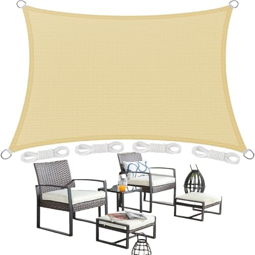 Vela Ombreggiante Rettangolare 3 x 4 m Rettangolare Protezione Solare Anti UV HDPE Traspirante Telo Ombreggiante con Fune e Anello D per Giardino, Terrazza, (Personalizzabile), Color Crema