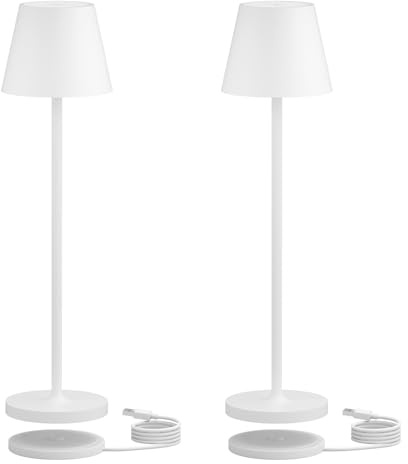 K-Bright 2 Stück mini led tischlampe mit USB Ladestation 27.5cm Weiß | Indoor & Outdoor kleine Akku Tischleuchte Stimmungsvolle Beleuchtung für den Esstisch | Warme Lichtfarbe | IP54 wasserdicht